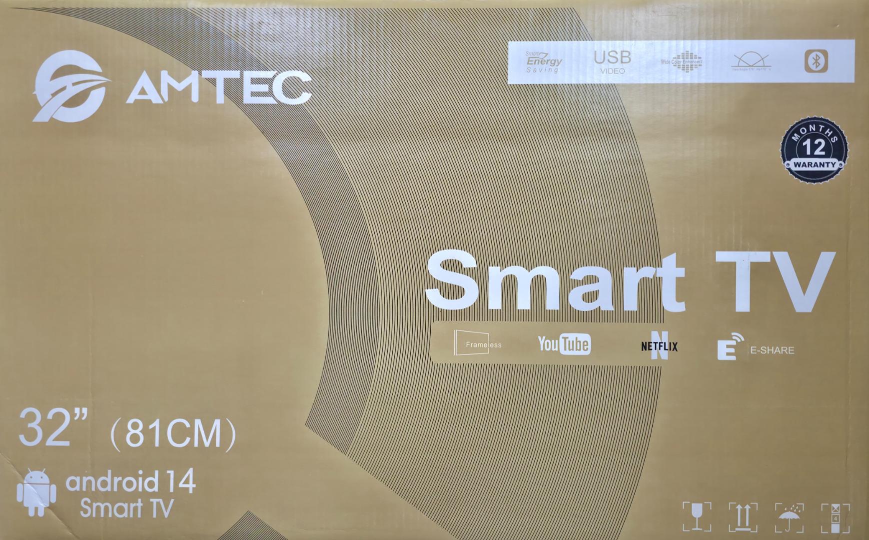 Amtec 32" Inches FRAMELESS LED android 14 smart TV With Bluetooth and free TO AIR CHANNELS AC