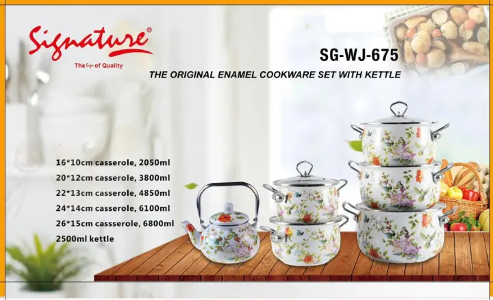 Signature 12pcs Original Enamel Cookware Set with 2.5L Kettle Retro Floral Design
