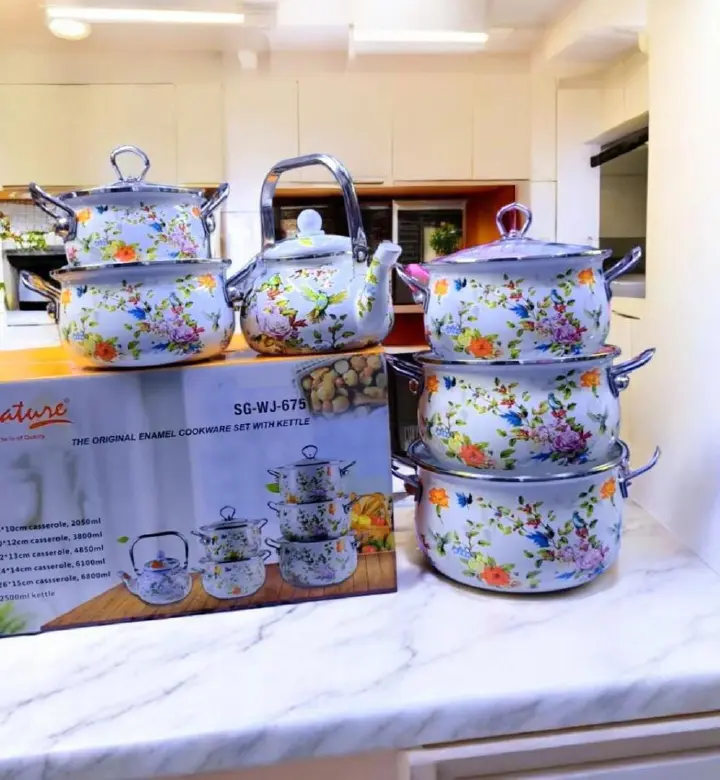Signature 12pcs Original Enamel Cookware Set with 2.5L Kettle Retro Floral Design