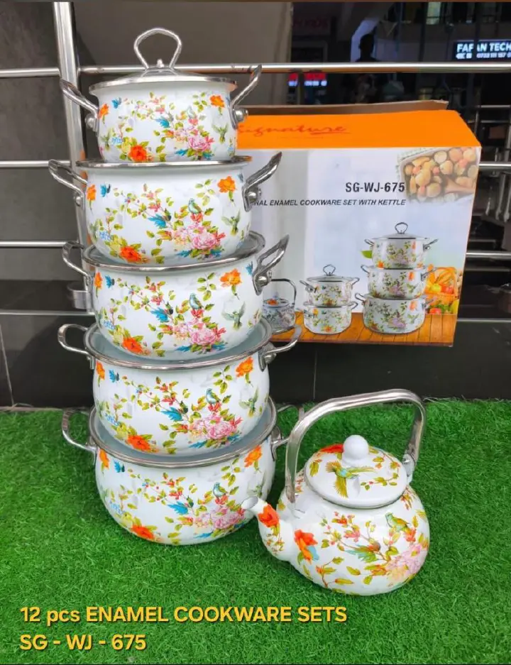 Signature 12pcs Original Enamel Cookware Set with 2.5L Kettle Retro Floral Design