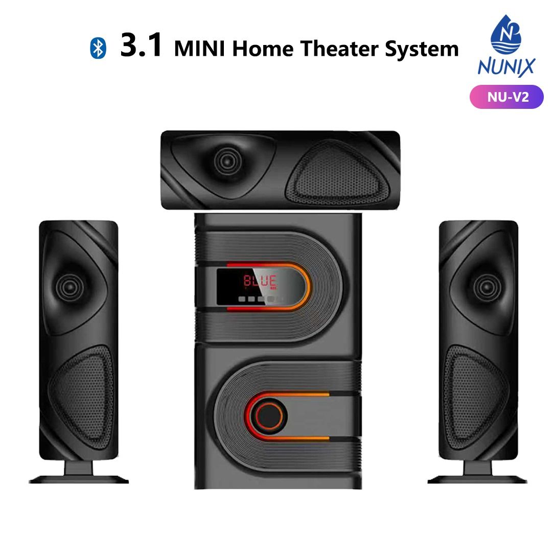 Nunix NU-V2 mini home theater speaker system with digital display and a large volume control knob for easy adjustments. Compact and stylish, the NU-V2 fits well in living rooms,