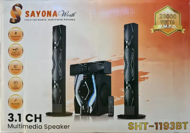 Sayona SHT-1193BT 3.1CH Subwoofer speaker system with Tall Boy Speakers 18000W P.M.P.O Bluetooth home theater system with remote control