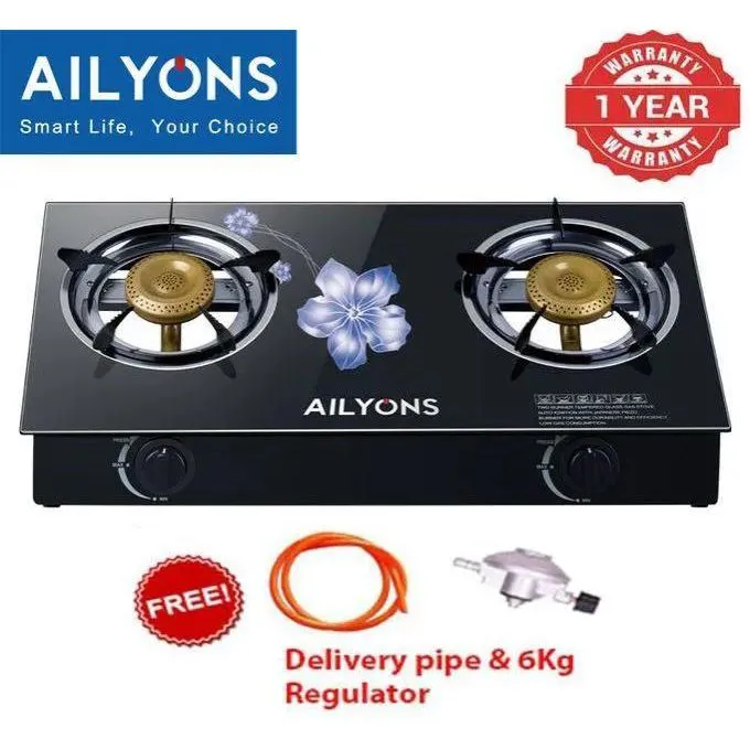 Ailyons glass tampered 2 burner gas cooker stove with auto ignition, 6kg gas regulator, 1.5m gas pipe and 2pcs clips