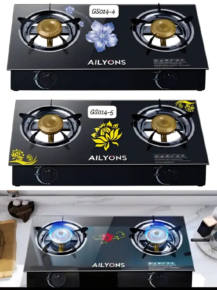 Ailyons glass tampered 2 burner gas cooker stove with auto ignition, 6kg gas regulator, 1.5m gas pipe and 2pcs clips