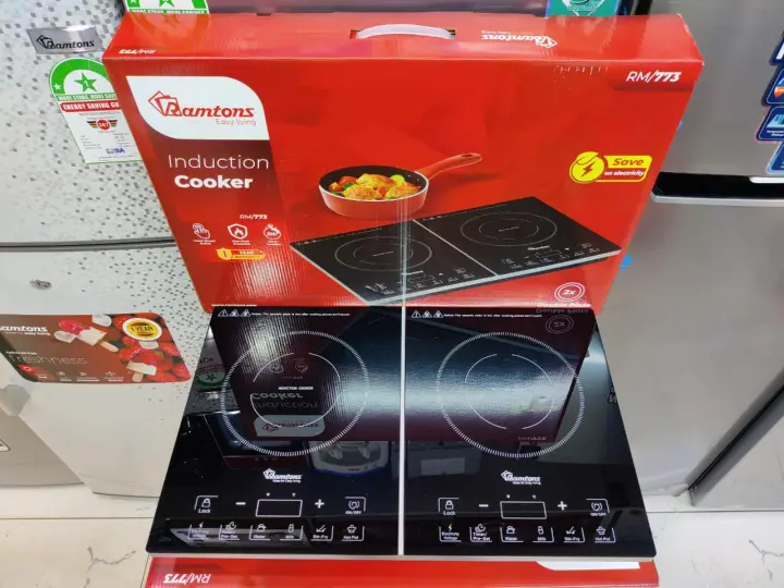 Ramtons RM/773 2 burner electric induction cooker cooktop with ceramic glass top with Touch Sensor Control and Far Infrared Heating, 8 Gear Firepower 2000W black color 1yr warranty