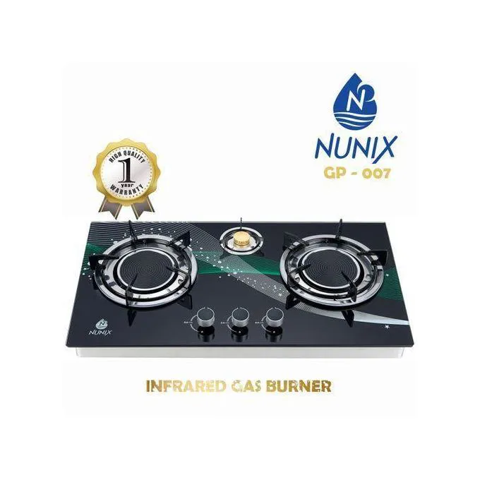 Nunix infrared 3 burner gas stove cooktop with glass tampered with low gas consumption GP-007/004