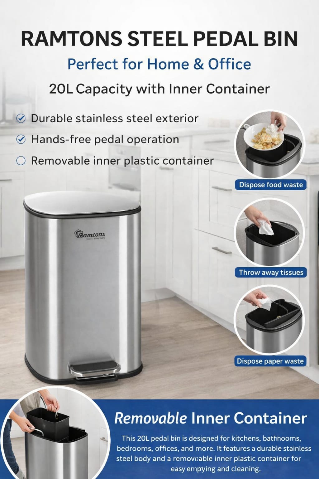 Ramtons 20L stainless steel pedal bin with inner plastic basket soft close lid ramtons pedal bin