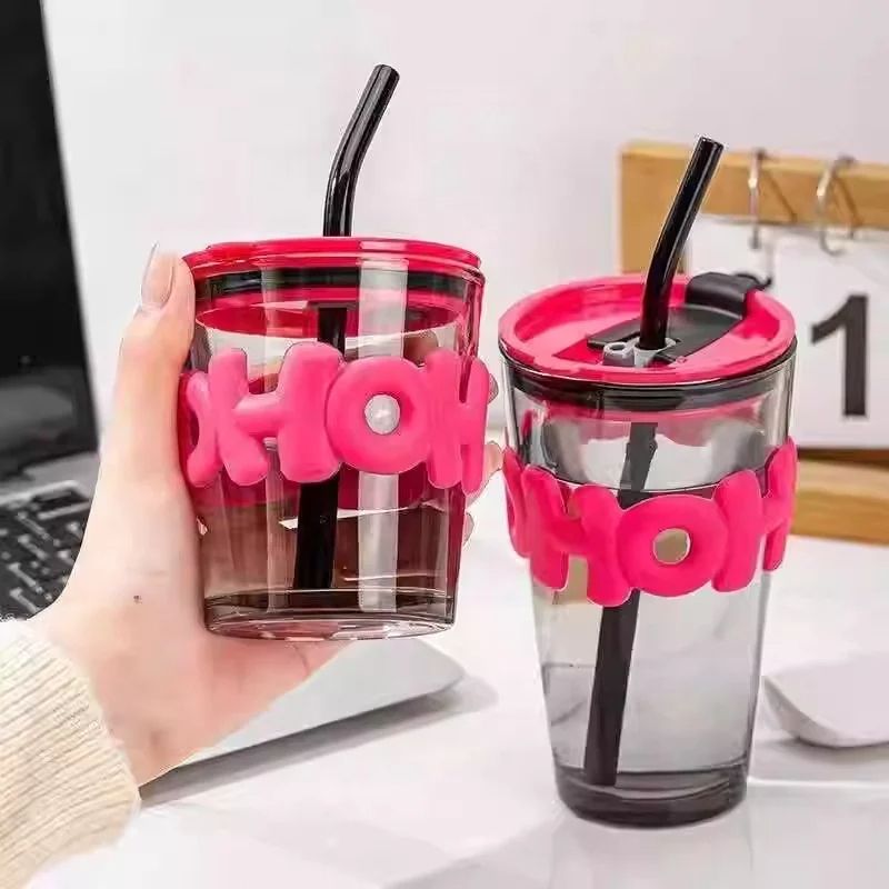Gorgeous slub glass smoothie cup with STRAW Enjoy any drink either coffee tea or juice Great for BBQs, parties, weddings and picnics-glass cup with straw