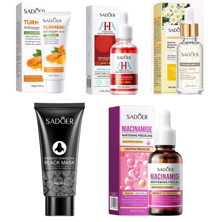 5-in-1 acne set with Turmeric Cleanser + AHA BHA Fruit Acid Acne  Serum + Niacinamide Oil Control + Charcoal Blackhead Mask +Chamomile Essence for Anti-Acne, Brightening, Oil Control & Dark Spot remov
