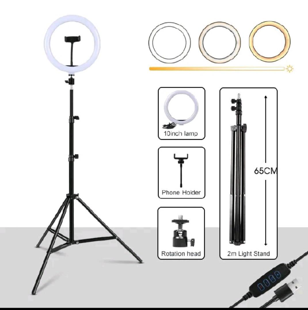 2.1M Tripod Stand with 10 Inch LED Ring Light- Dimmable Beauty Ringlight Three colors adjustable for Selfie Live Stream/Makeup/Youtube/Tiktok Video