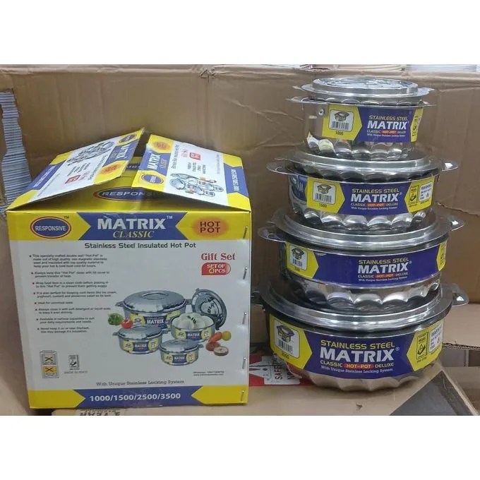 4PCs Set Matrix Hotpots Gift Set Hot Pots This double wall strong and sturdy HOT POT is made up of stainless steel and insulated with top quality material to keep your food hot and cold