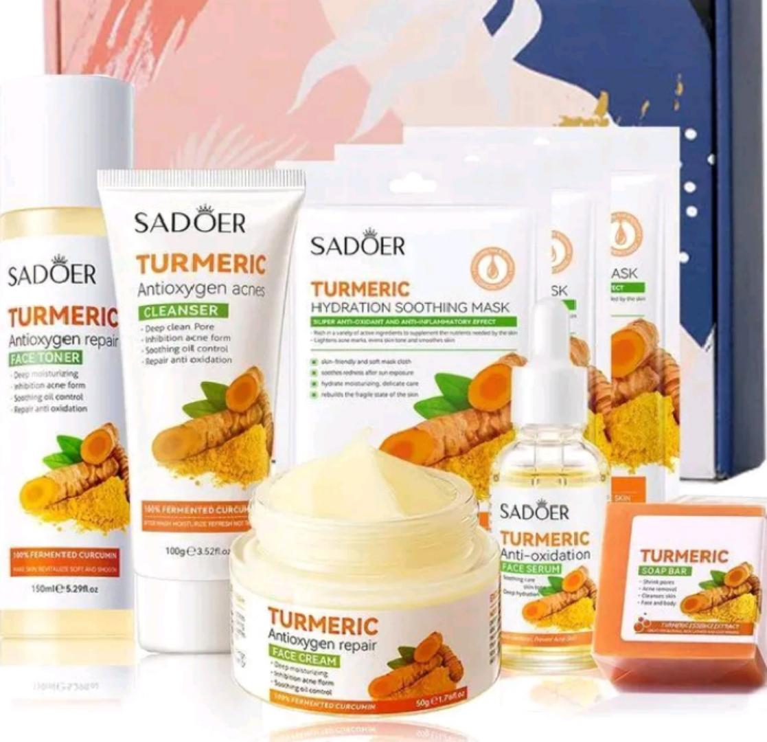 SADOER 8 Pieces Tumeric Skin Care Set: Turmeric Face Cream + Soap + Serum+ Toner + 3 Face Mask + Face Cleanser like Vitamin C For Treating Dark Spots, Anti-wrinkles & Improving Skin Texture, Smoothing