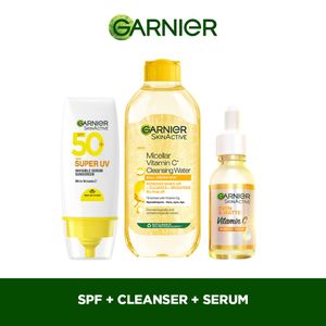 Garnier Even & Matte Super Day Cleanse & Protect Kit: Super UV SPF 50 Sunscreen + Micellar Water with Vitamin C 400ml + Day Booster Serum 15ml