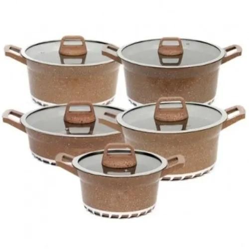 Jio 10 Pieces Granite Coating Premier Range Of Non Stick Sufuria Cookware Set Modern Cooking Pots Can Be Used As Serving Pot Or Serveware Dish Set ( 5Pots And 5 Glass Lids )