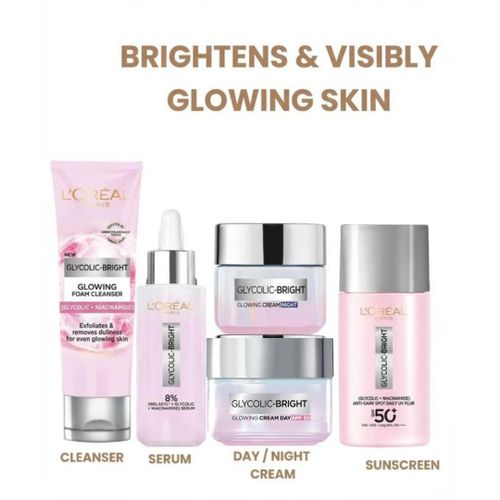 L'Oréal Glycolic Bright Serum 30ml + Day Cream Routine Kit, with Glycolic Acid that penetrates faster & Deeper, Minimises Dark Spots Within 2 Weeks