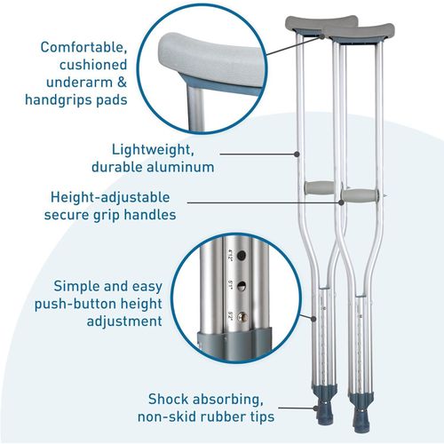 Aluminum Crutches for Adults and Children – Pair of Lightweight, Height Adjustable Crutches – Includes Padded Underarm Cushions, Hand Grips, & Rubber Tips – Max. Weight Capacity 300 lb.