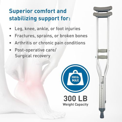 Aluminum Crutches for Adults and Children – Pair of Lightweight, Height Adjustable Crutches – Includes Padded Underarm Cushions, Hand Grips, & Rubber Tips – Max. Weight Capacity 300 lb.
