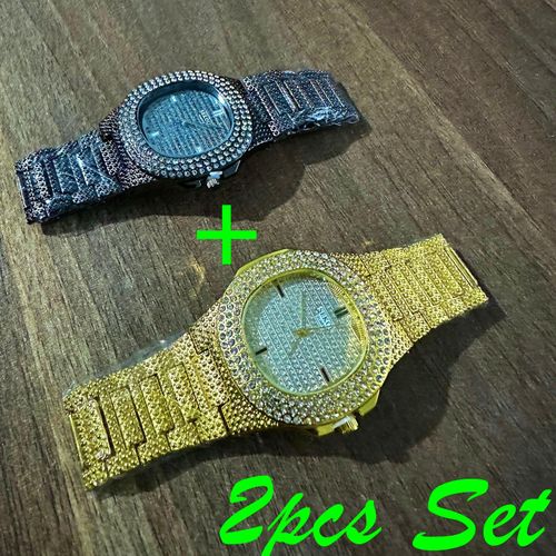 Sekou 2pcs Black & Gold Iced Set of Watches - Quartz Luxury Dial Diamond-Like Crystals Round Dial Studded
