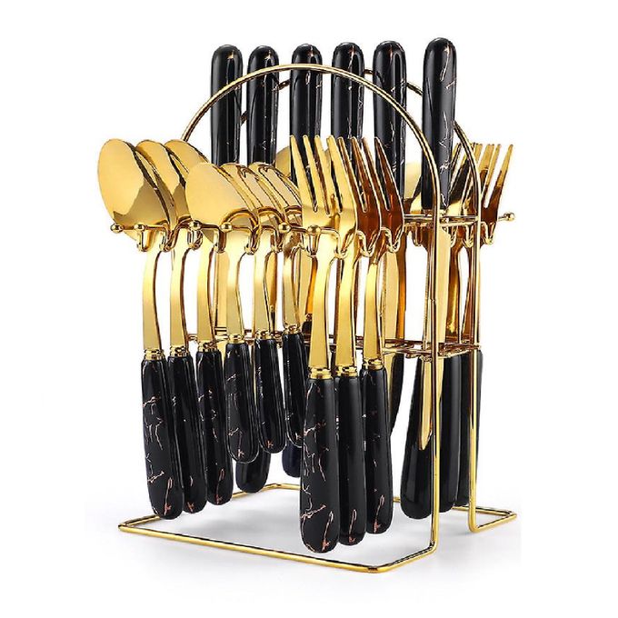 Strong 24pcs Stainless Steel Marble Handle Golden Cutlery Set