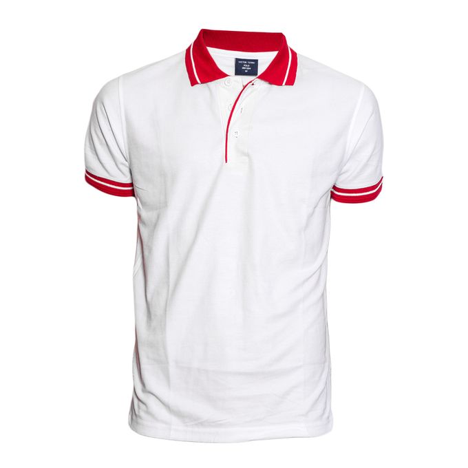 Victor White Men's T-Shirt With Red Collar,