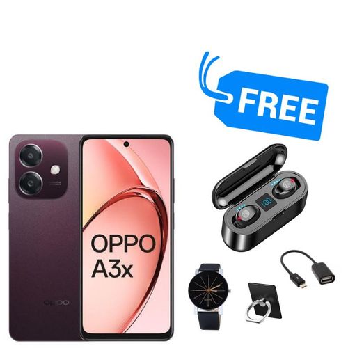Oppo A3X,IPS LCD DISPLAY,6.67" INCHES,,128GB ROM & 4GB RAM,5100MAH,BUDS,WATCH,OTG CABLE & RING,SPLY"