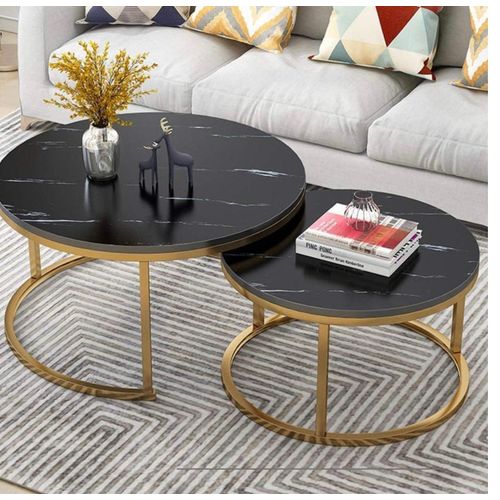 Home Leisure Coffee Table, Round Nesting Tables, Marble effect Top, Metal Base, Set of 2, for Living Room or Lounge Living Room or Lounge, MDF Space Saving