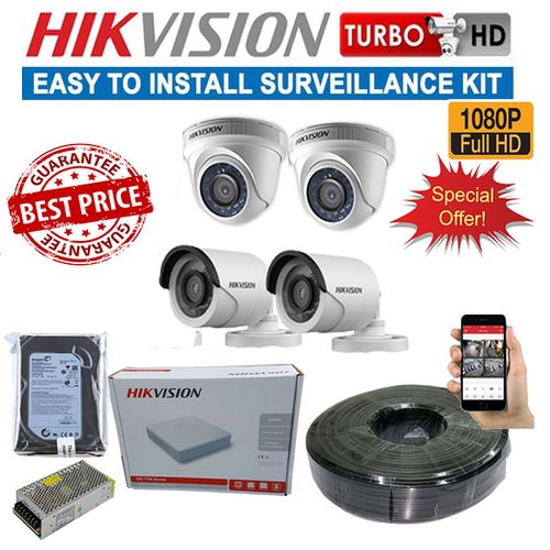 Hikvision 4 Full HD 1080p 2MP Night Vision CCTV Cameras Complete Installation System Kit -With 8 Channel DVR Machine, 50m RG59 Cable+500GB Harddisk