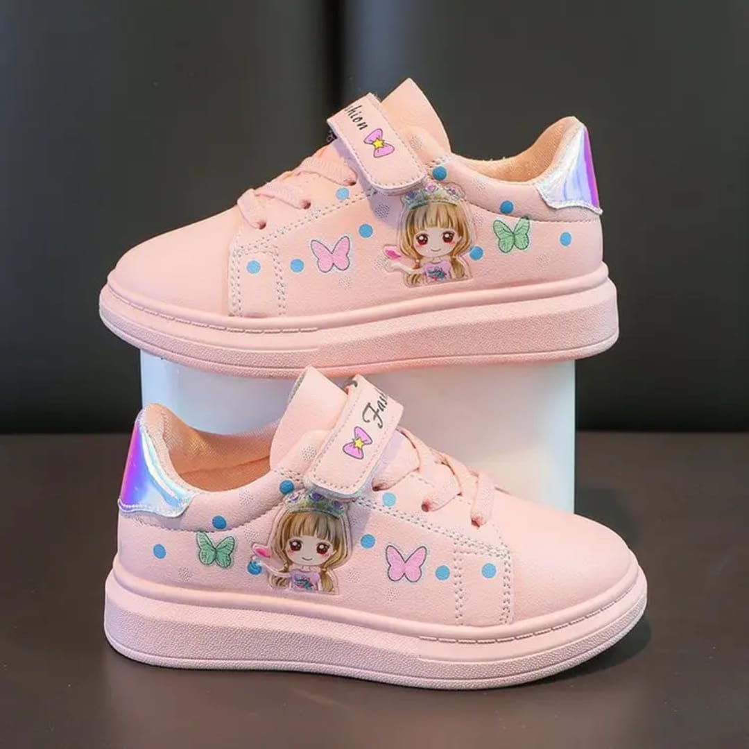 Children's Little White Shoes Korean Style Cartoon Girls Print 3-12Y Students Casual Sneakers PU Leather Waterproof Board Shoes