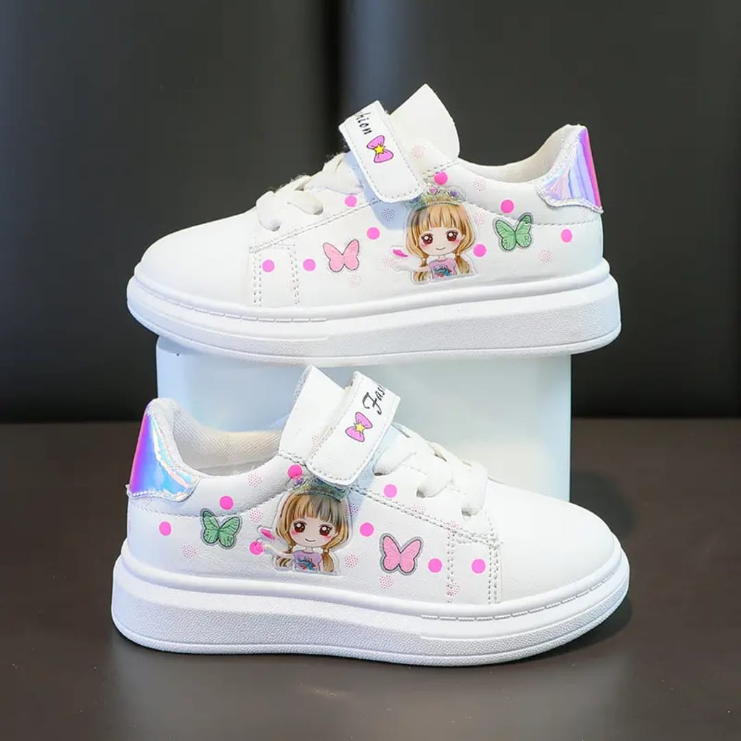 Children's Little White Shoes Korean Style Cartoon Girls Print 3-12Y Students Casual Sneakers PU Leather Waterproof Board Shoes