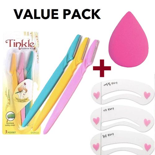 Tinkle Eyebrow Shaper Facial Hairs Razor + Eyebrow Shaper Stencil + Makeup Sponge