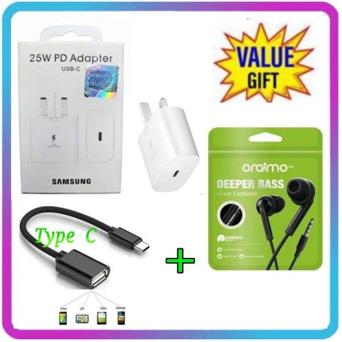 Samsung Original 25W Faster Charger Adapter For Galaxy A15,A25,A05S With Type C Output +Type C OTG Cable+ Deep Bass Earphones