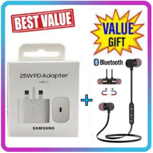 Samsung Original 25W Faster Charger Adapter for Galaxy A15,A25,A05S With type C Output +Free Bluetooth Earphones