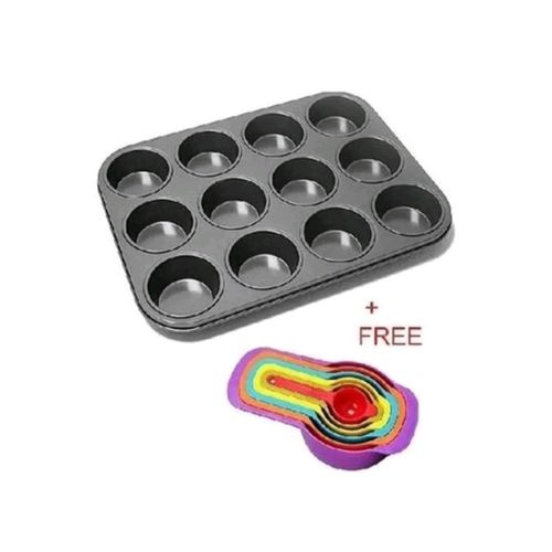 12 holes non stick cup cake baking tin plus FREE measuring cups
