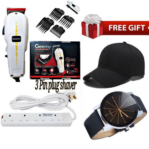 Geemy Professional Kinyozi Shop Hair Shaving Machine(Haircut) Trimmer- Kinyozi + Free 4 Way Power Extension Cable Watch & Cap
