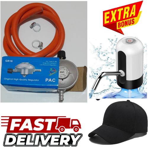 Pac High Quality Gas Regulator For 6KG Gas Cylinder+ FREE GIFTS Gas Delivery Pipe 2M, Safety Clip Clamps + EXTRA BONUS Cap & Rechargeable Hand Pump Press Water Dispenser