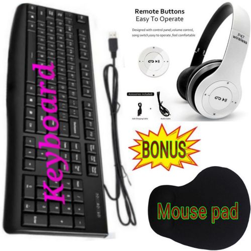 HP Standard Wired Keyboard & Foldable Mouse Pad For Laptops, Computer ,Desktop + FREE GIFT P47 BLUETOOTH Wireless Headphones With Memory card Slot, FM Radio