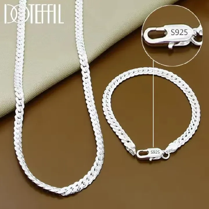 2Pcs/set  925 Sterling Silver Full Side Chain Necklace Bracelet Women Men Fashion Jewelry Set Wedding Gift
