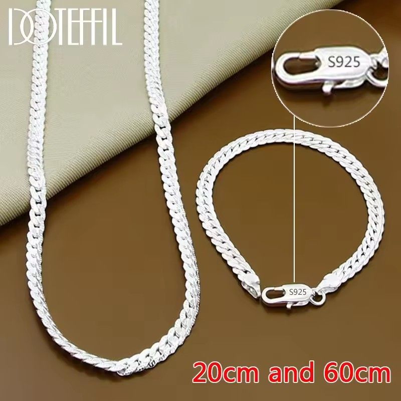 2Pcs/set  925 Sterling Silver Full Side Chain Necklace Bracelet Women Men Fashion Jewelry Set Wedding Gift