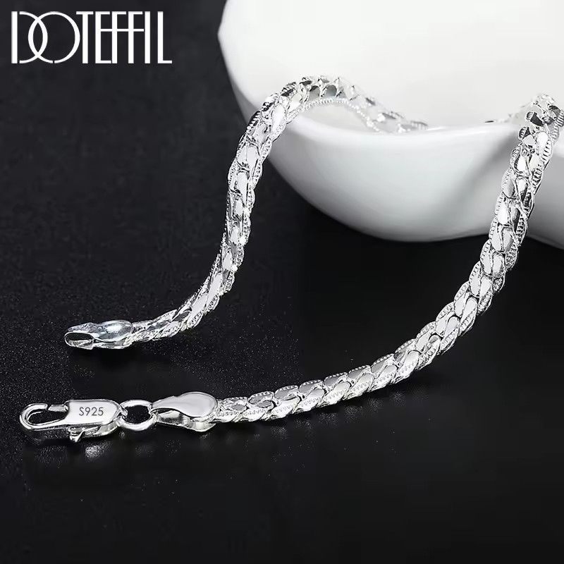 2Pcs/set  925 Sterling Silver Full Side Chain Necklace Bracelet Women Men Fashion Jewelry Set Wedding Gift
