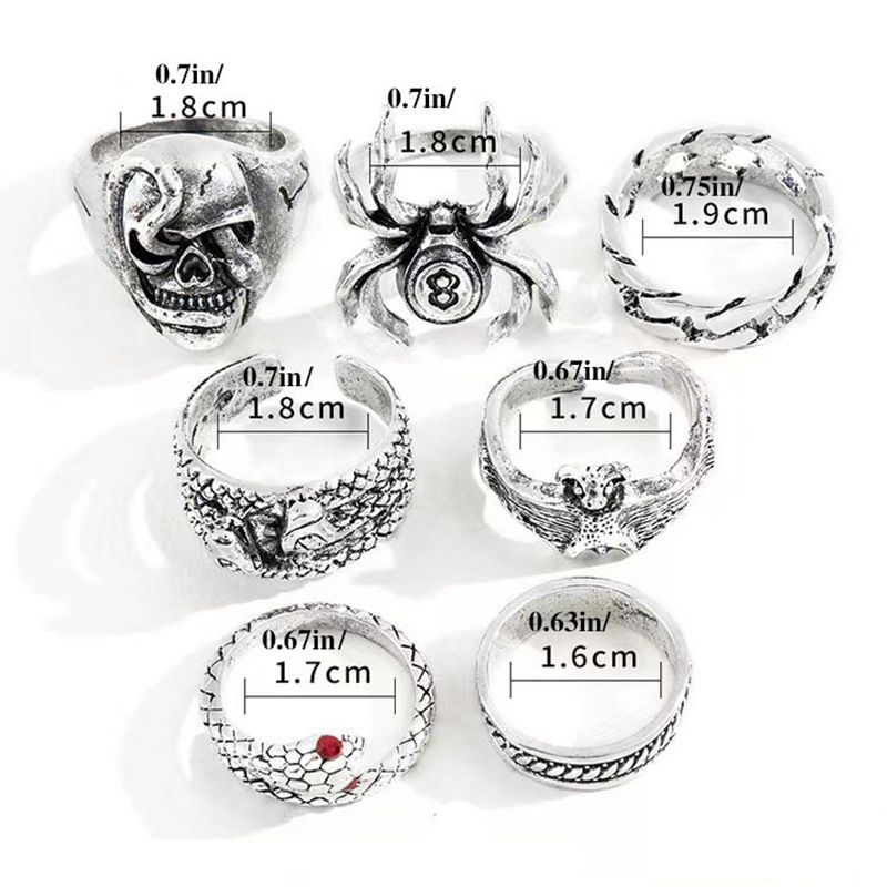 7Pcs/Set Trendy Hip-hop Rings Set for Men women Retro Vintage Spider Snake Bat Skull Ring Fashion Punk Boy Girl Birthday Jewelry Gifts