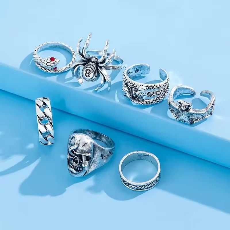 7Pcs/Set Trendy Hip-hop Rings Set for Men women Retro Vintage Spider Snake Bat Skull Ring Fashion Punk Boy Girl Birthday Jewelry Gifts