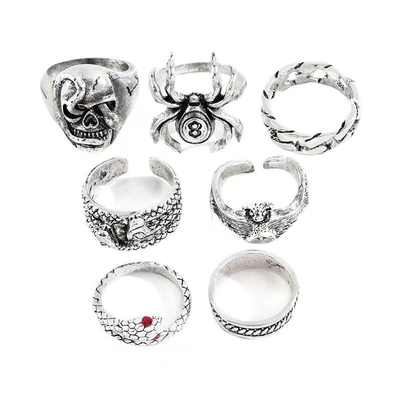 7Pcs/Set Trendy Hip-hop Rings Set for Men women Retro Vintage Spider Snake Bat Skull Ring Fashion Punk Boy Girl Birthday Jewelry Gifts