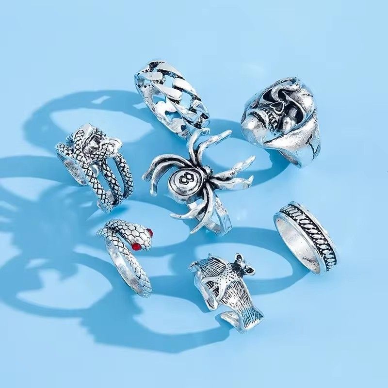 7Pcs/Set Trendy Hip-hop Rings Set for Men women Retro Vintage Spider Snake Bat Skull Ring Fashion Punk Boy Girl Birthday Jewelry Gifts