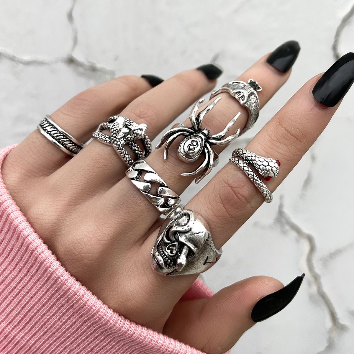 7Pcs/Set Trendy Hip-hop Rings Set for Men women Retro Vintage Spider Snake Bat Skull Ring Fashion Punk Boy Girl Birthday Jewelry Gifts