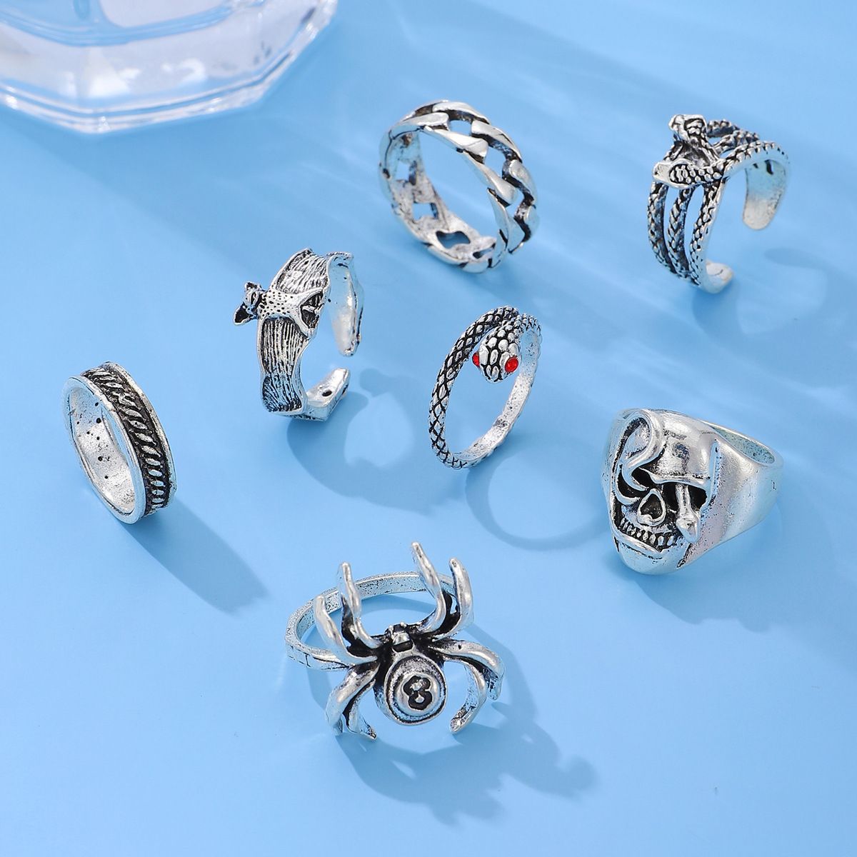 7Pcs/Set Trendy Hip-hop Rings Set for Men women Retro Vintage Spider Snake Bat Skull Ring Fashion Punk Boy Girl Birthday Jewelry Gifts