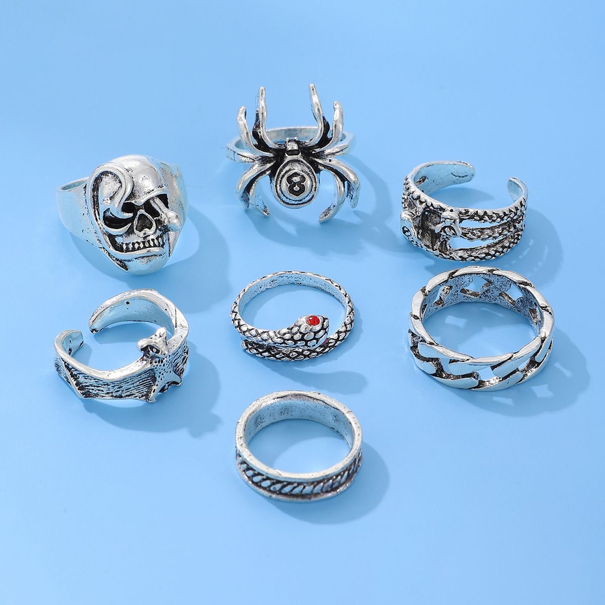 7Pcs/Set Trendy Hip-hop Rings Set for Men women Retro Vintage Spider Snake Bat Skull Ring Fashion Punk Boy Girl Birthday Jewelry Gifts