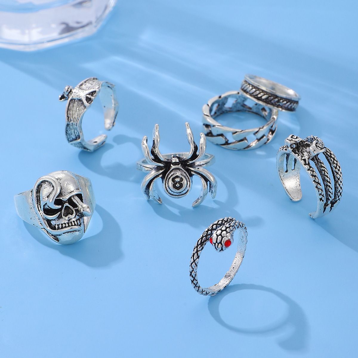 7Pcs/Set Trendy Hip-hop Rings Set for Men women Retro Vintage Spider Snake Bat Skull Ring Fashion Punk Boy Girl Birthday Jewelry Gifts