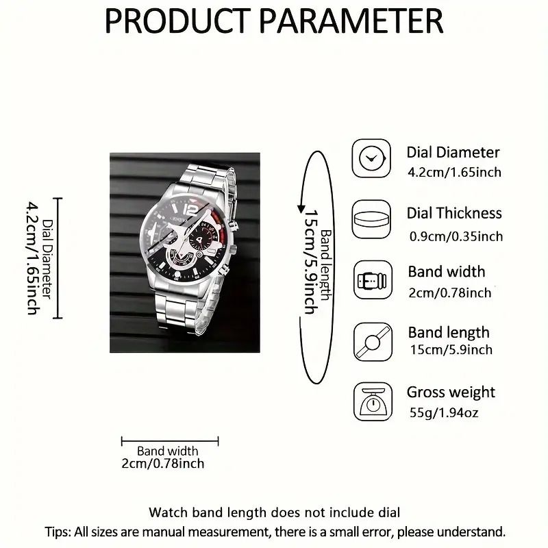 4pcs Men's Quartz Watch Set, Stainless Steel, Business Style, Non-Waterproof, Round Dial, Pointer Display - Includes Accessories (Cross Pendant Necklace, Bracelet, Ring)- Perfect Gift For Him