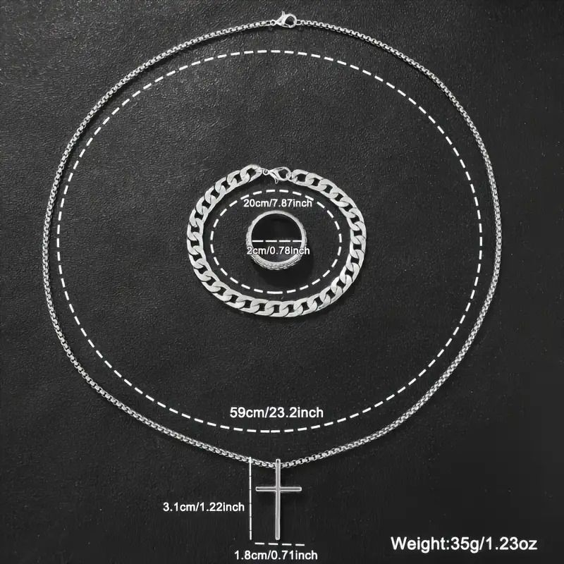 4pcs Men's Quartz Watch Set, Stainless Steel, Business Style, Non-Waterproof, Round Dial, Pointer Display - Includes Accessories (Cross Pendant Necklace, Bracelet, Ring)- Perfect Gift For Him