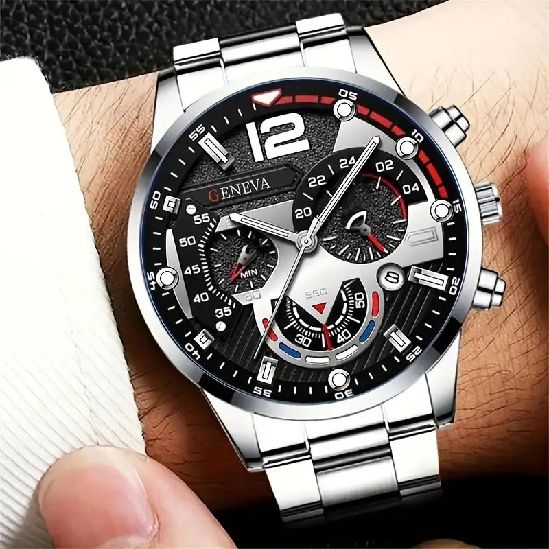 4pcs Men's Quartz Watch Set, Stainless Steel, Business Style, Non-Waterproof, Round Dial, Pointer Display - Includes Accessories (Cross Pendant Necklace, Bracelet, Ring)- Perfect Gift For Him